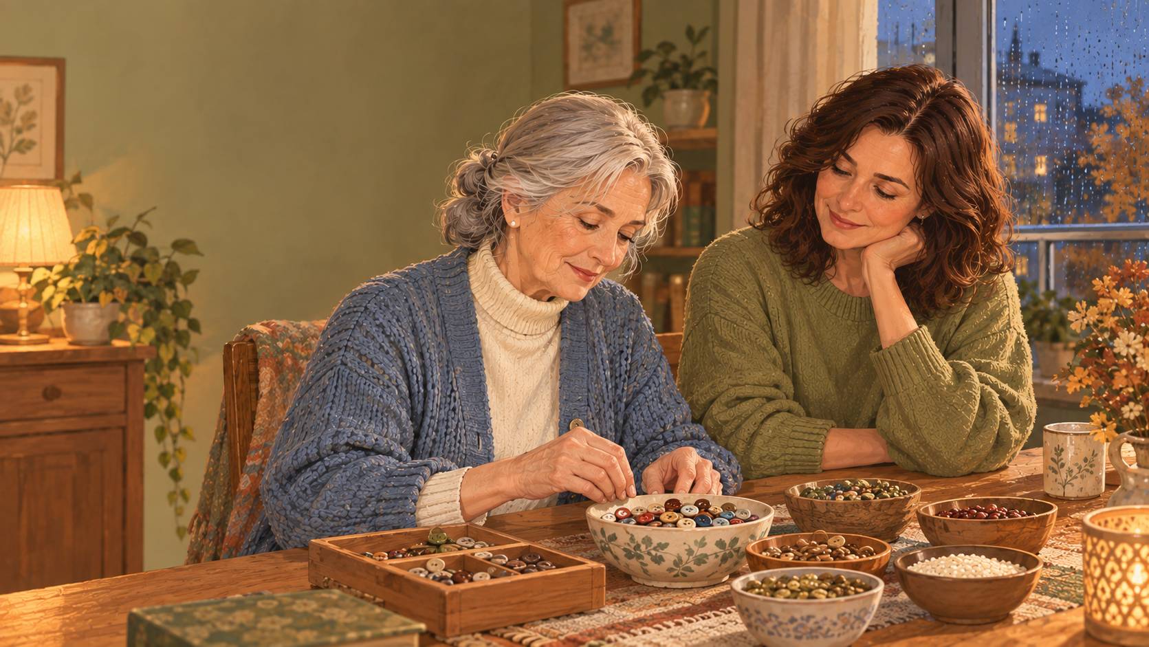 После спокойных занятий мама и дочь отдыхают на кухне, ощущение уюта и заботы