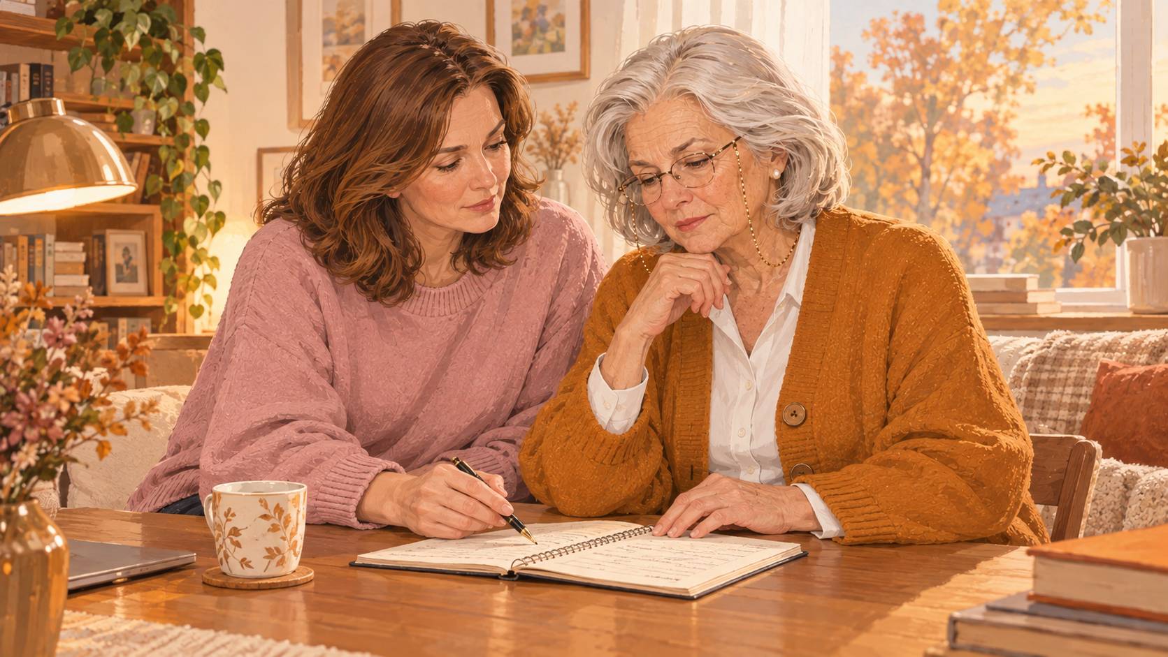 Дочь и мама планируют спокойные выходные, записывая детали в блокнот при мягком свете лампы